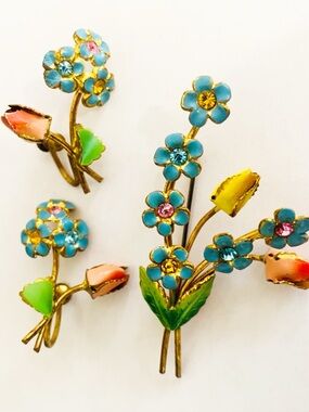 Vintage Austrian Enamel Floral Brooch & Earring Set Hand-Painted Tulips